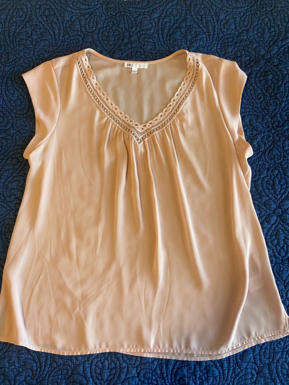 DR2 Blush Pink Lace-Trim V-Neck Cap Sleeve Blouse